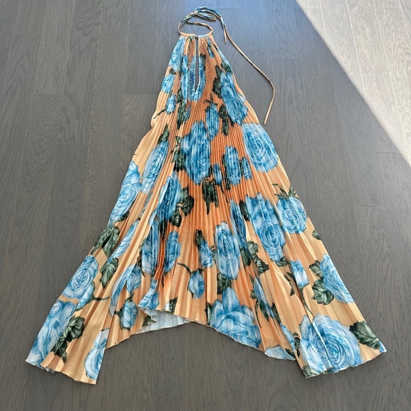 L'IDEE Boheme Yellow Floral Pleated Gown Maxi Dress Halter - Size US 6 - Picture 2 of 8